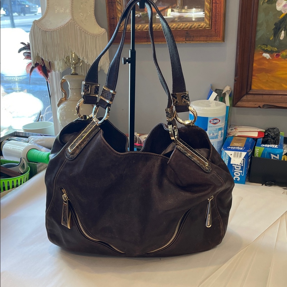Michael Kors "Matilda" brown pebble leather and snakeskin zipper accent hobo bag